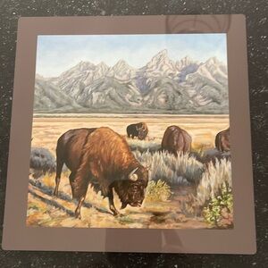 Bison in front of Teton mountains on metal tile. Adhesive on back of picture.